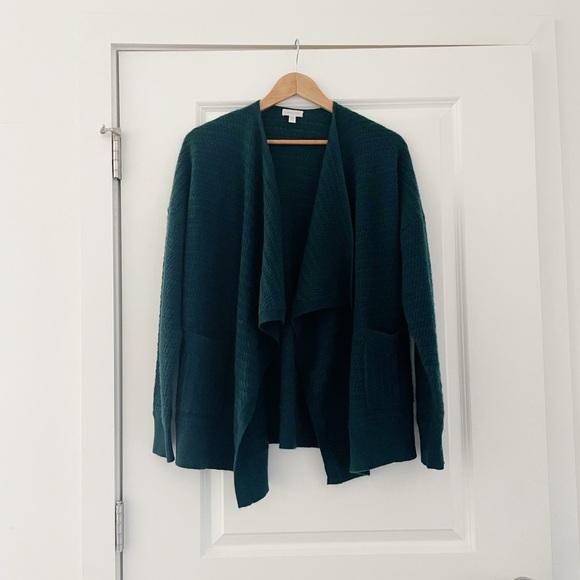 Garnet Hill Drape Front Cabled Cashmere Cardigan Pockets Jade - Picture 6 of 13